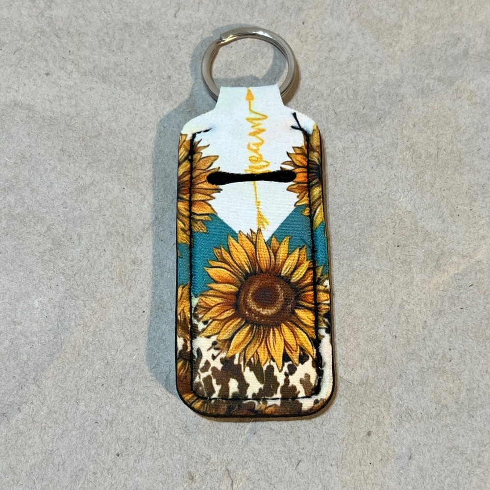 Lip Balm Holder Keychain Sunflower Cow Print Teal Yellow Gift Neoprene Country